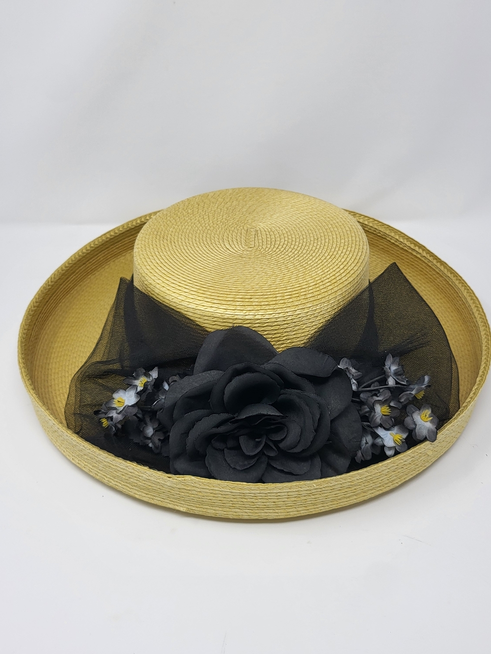 Straw Dress Hat with Black Floral Trim